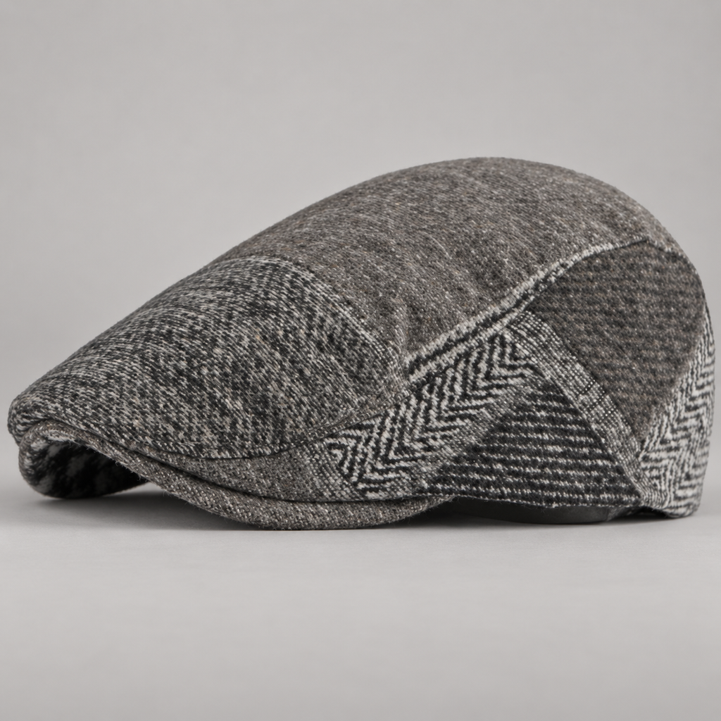 Benedict Herringbone Patchwork Flat Cap with Short Brim