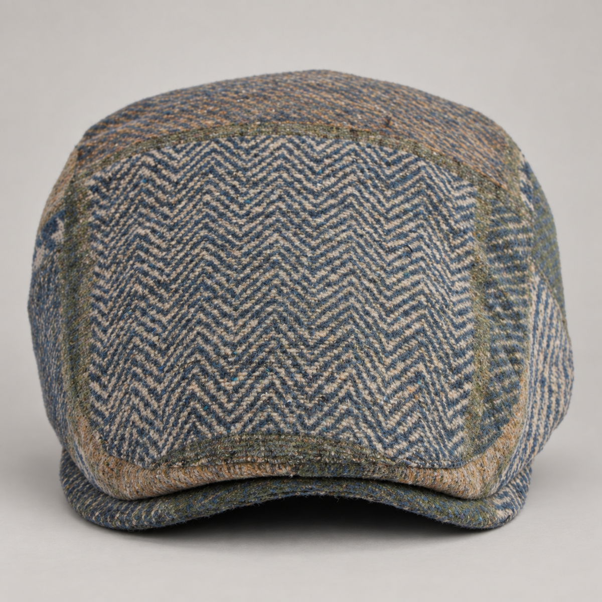Benedict Herringbone Patchwork Flat Cap with Short Brim