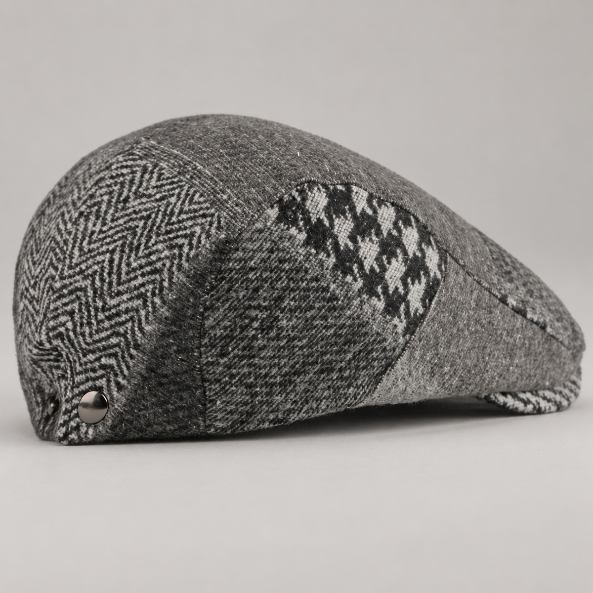 Benedict Herringbone Patchwork Flat Cap with Short Brim