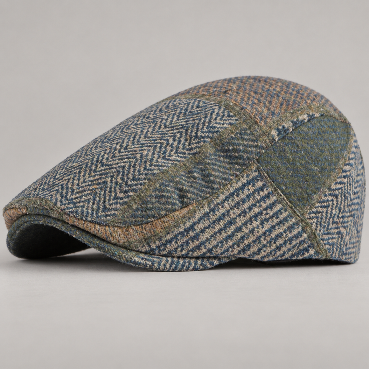 Benedict Herringbone Patchwork Flat Cap with Short Brim