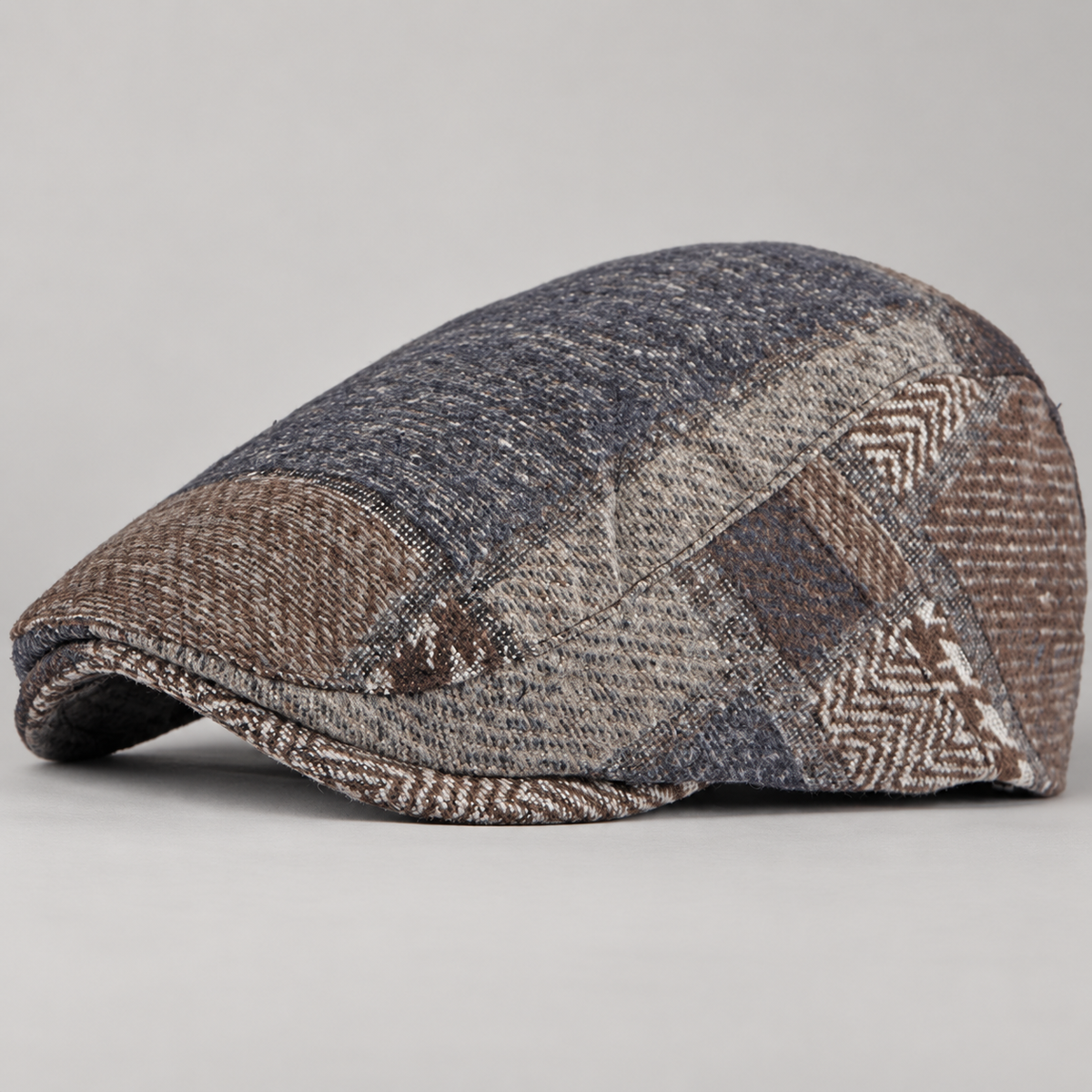 Benedict Herringbone Patchwork Flat Cap with Short Brim