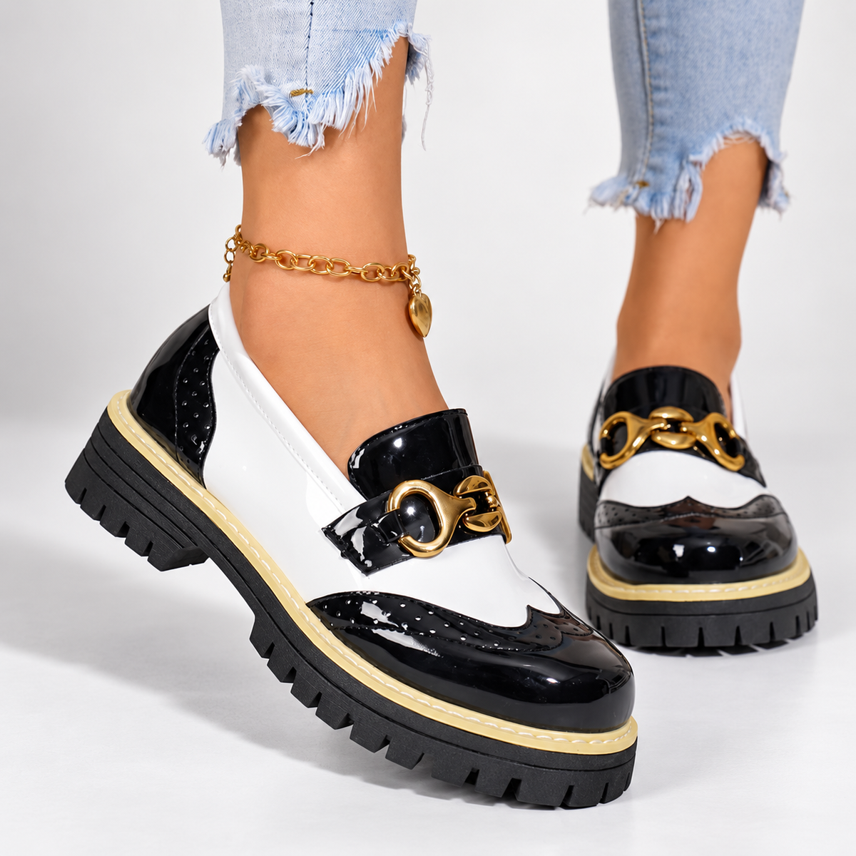 Bianca Women’s Patent-Look Color-Block Horsebit Loafers with Chunky Lug Sole