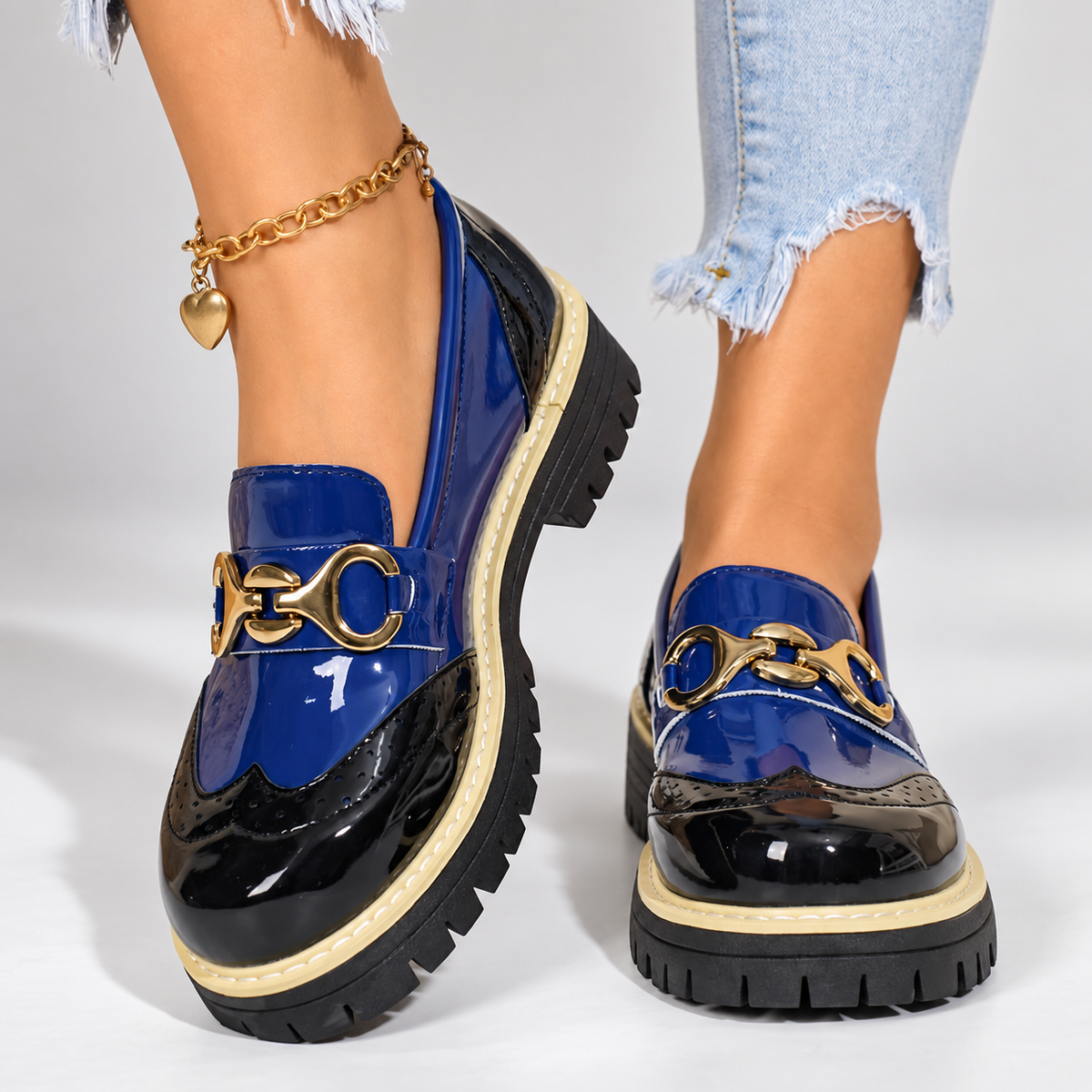 Bianca Women’s Patent-Look Color-Block Horsebit Loafers with Chunky Lug Sole