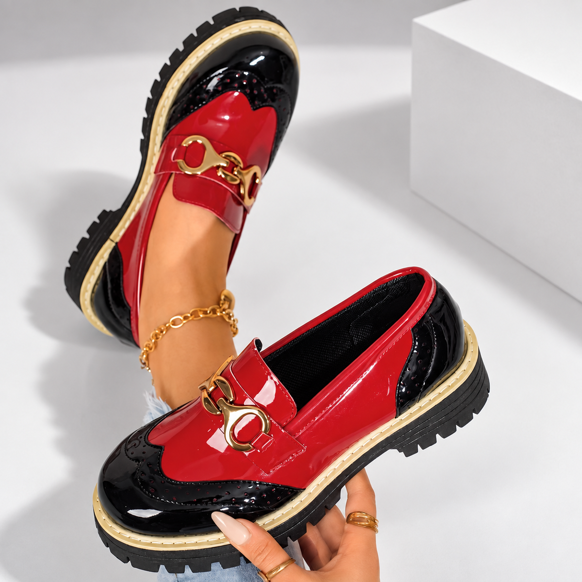 Bianca Women’s Patent-Look Color-Block Horsebit Loafers with Chunky Lug Sole