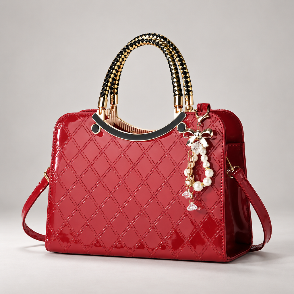 Cordelia Women’s Glossy Diamond-Stitched Handbag with Pearl Bow Charm