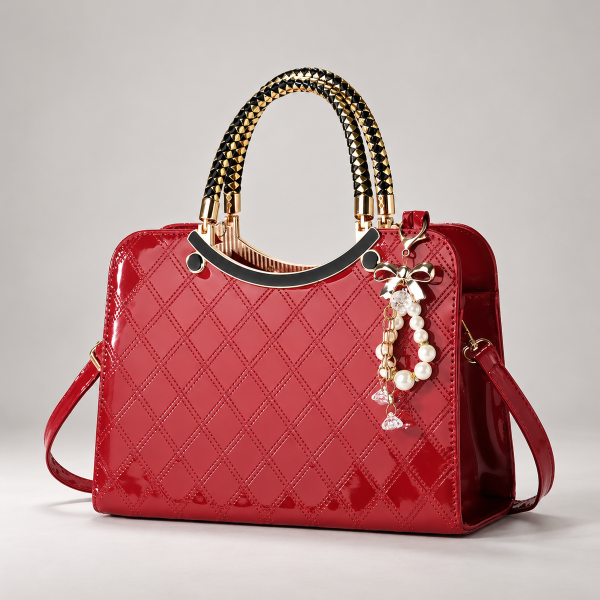 Cordelia Women’s Glossy Diamond-Stitched Handbag with Pearl Bow Charm