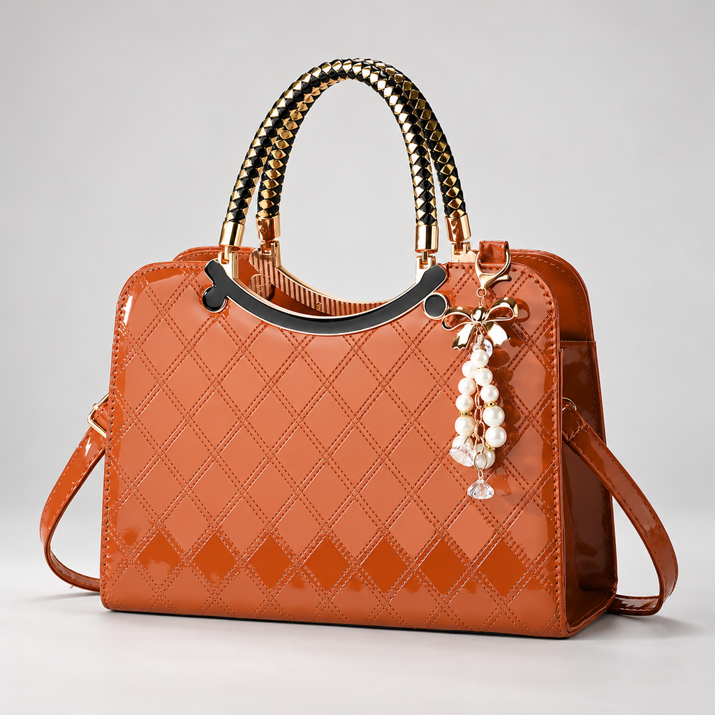 Cordelia Women’s Glossy Diamond-Stitched Handbag with Pearl Bow Charm
