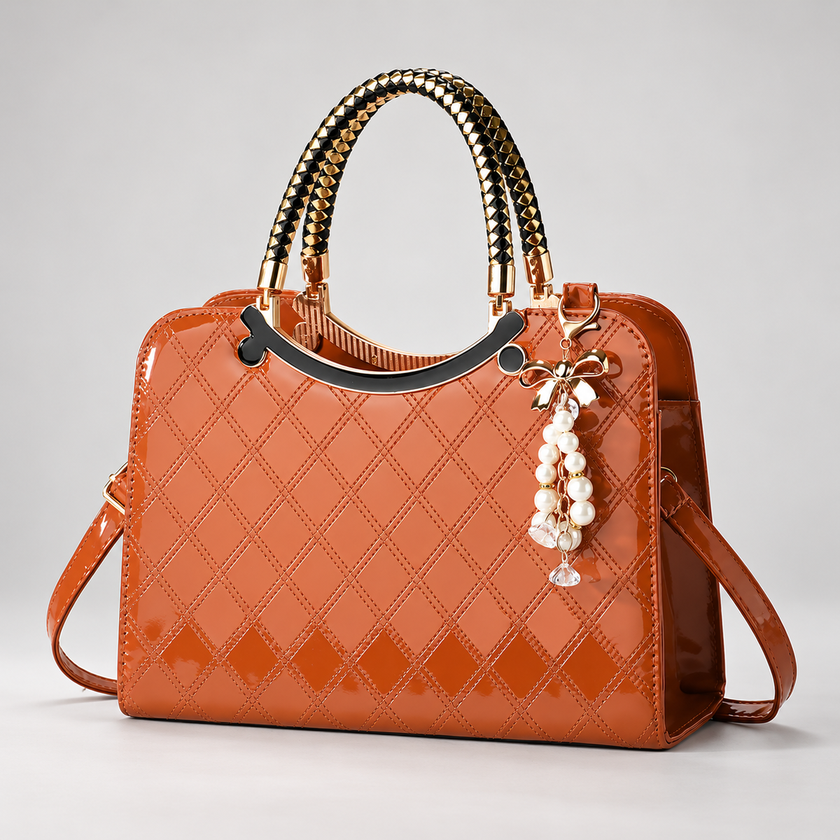 Cordelia Women’s Glossy Diamond-Stitched Handbag with Pearl Bow Charm