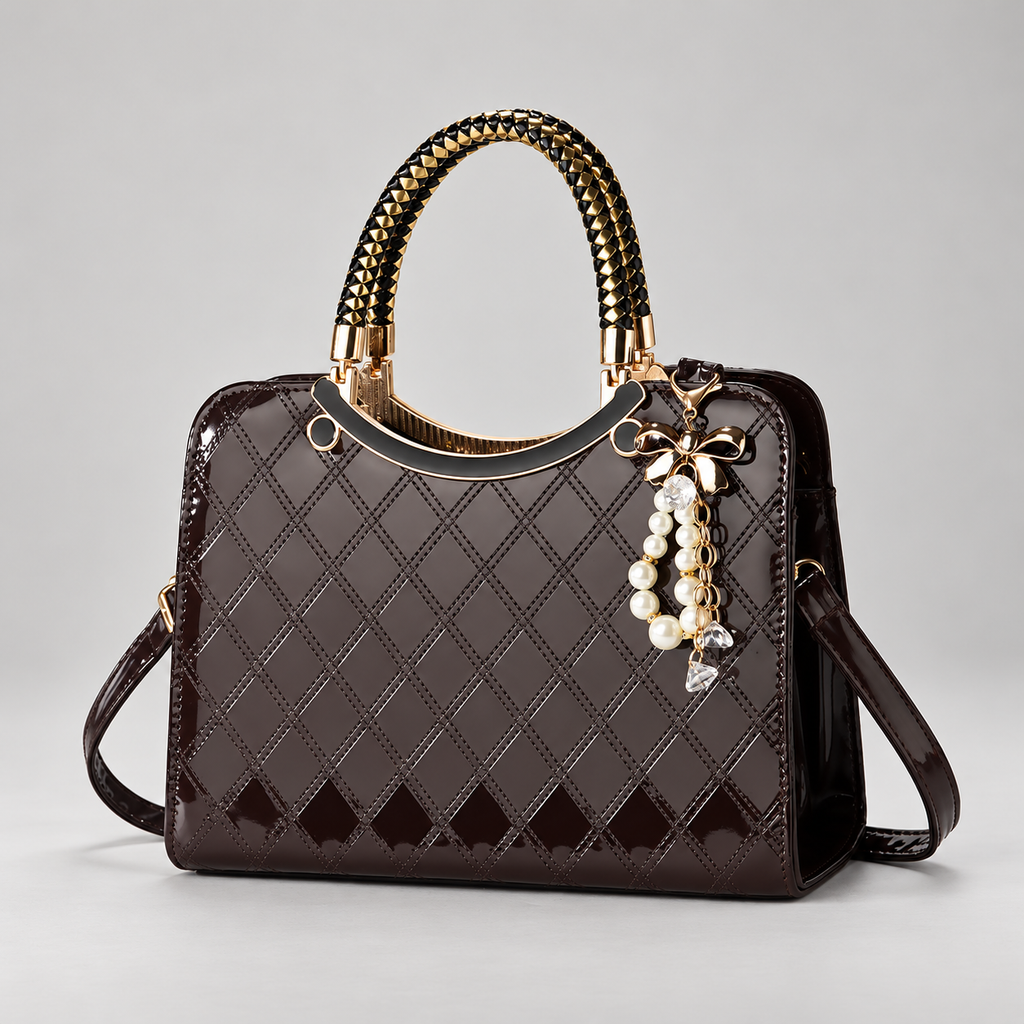 Cordelia Women’s Glossy Diamond-Stitched Handbag with Pearl Bow Charm