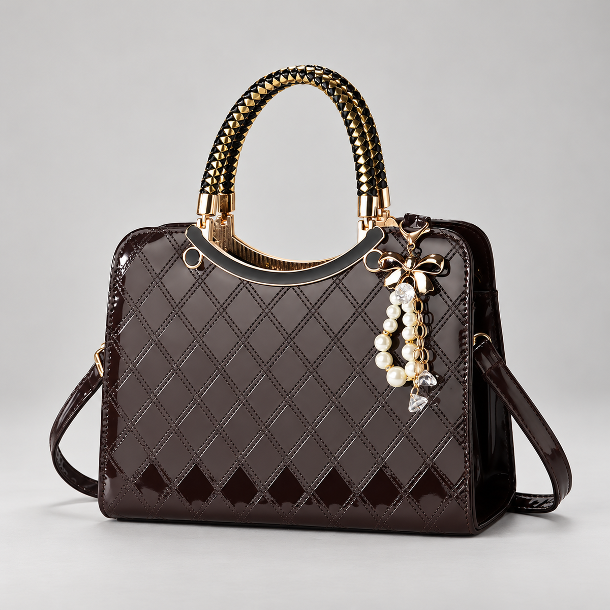 Cordelia Women’s Glossy Diamond-Stitched Handbag with Pearl Bow Charm