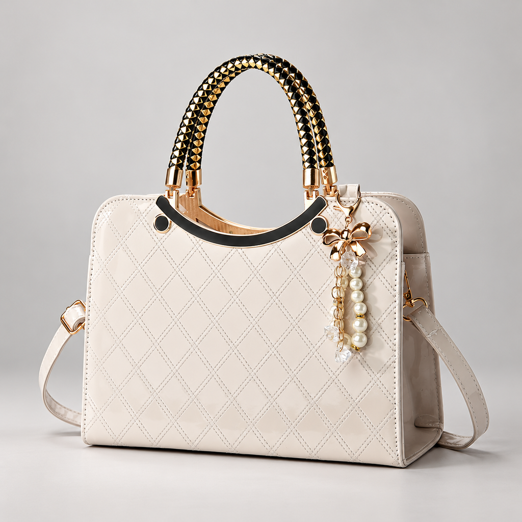 Cordelia Women’s Glossy Diamond-Stitched Handbag with Pearl Bow Charm