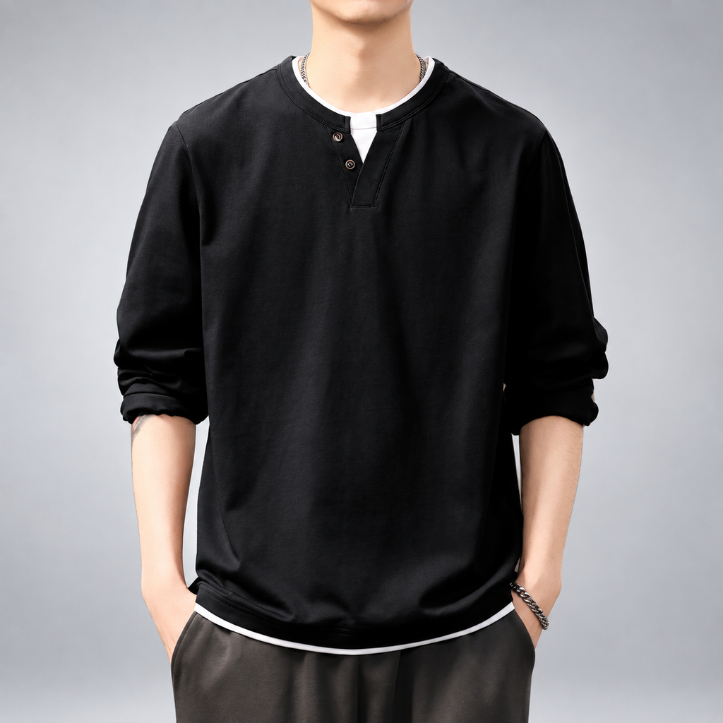 Oswin Men's Long Sleeve Henley Shirt with Two-Button Neckline