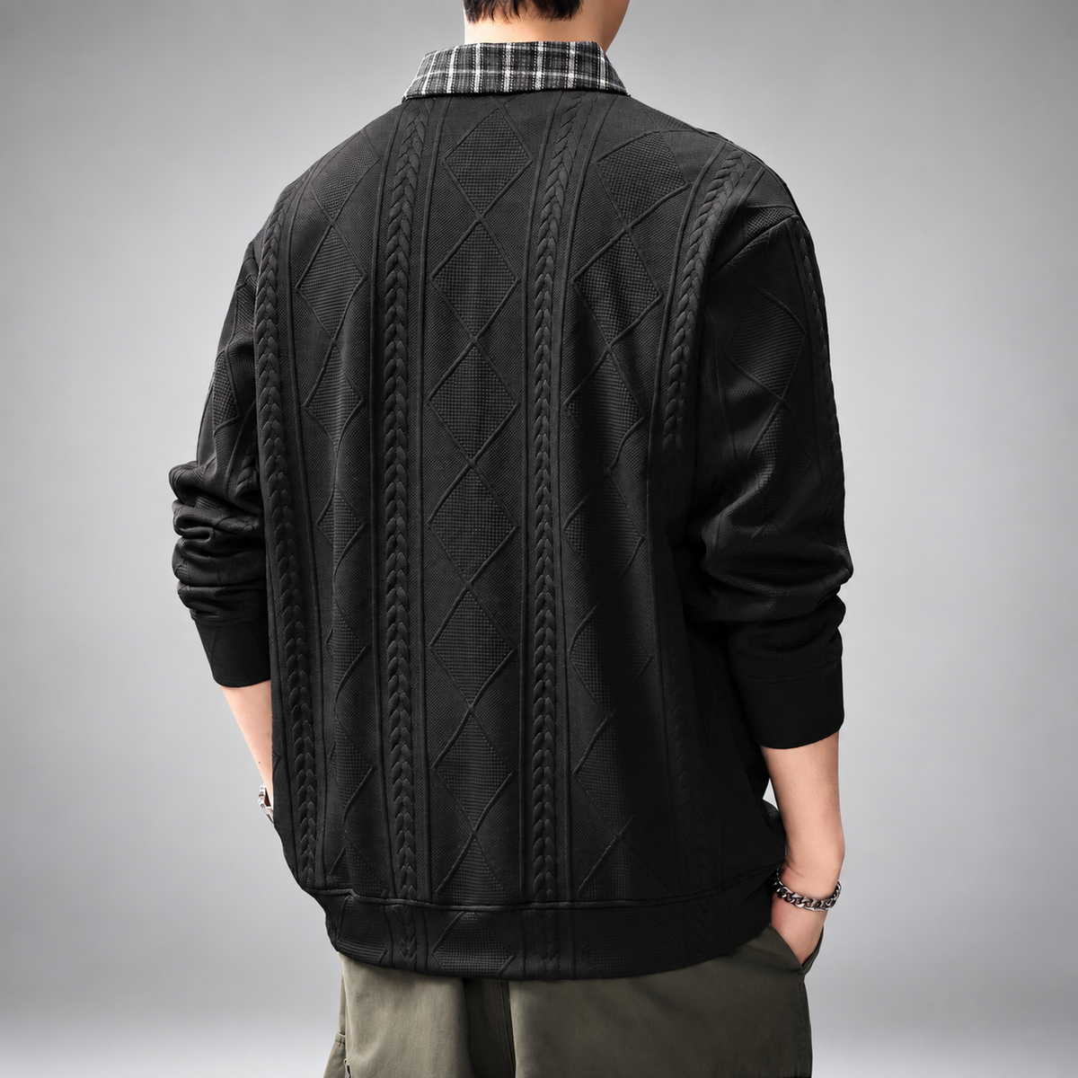 Alaric Men's Textured Polo Sweater with Plaid Collar