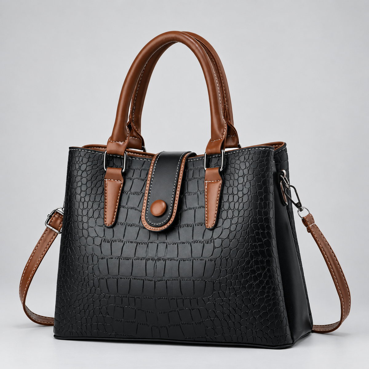 Lucienne Women’s Crocodile-Embossed Satchel Handbag with Brown Handles