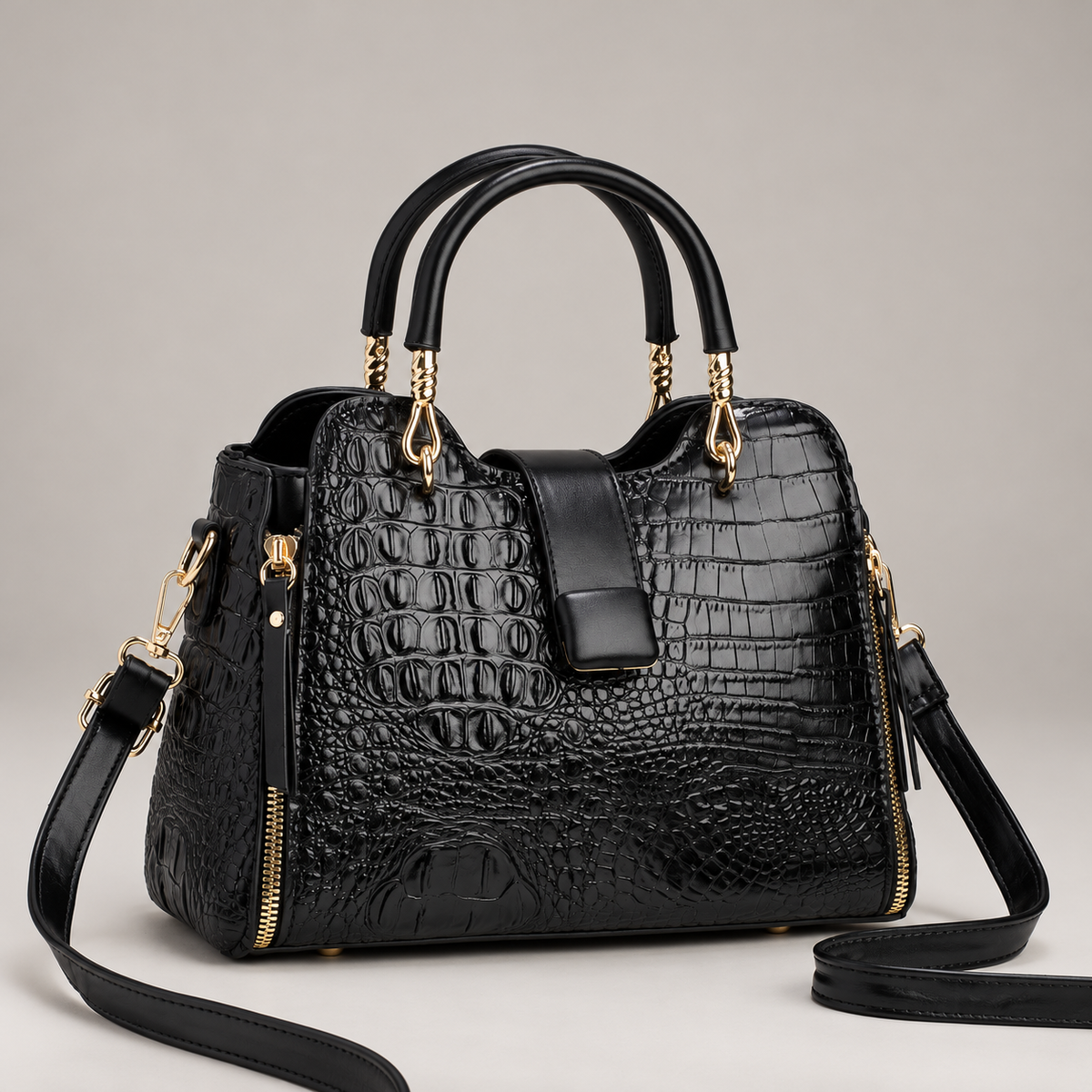 Ginevra Women’s Croc-Texture Top Handle Satchel with Shoulder Strap