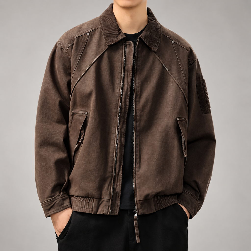 Amedeo Men's Washed Bomber Jacket with Corduroy Collar
