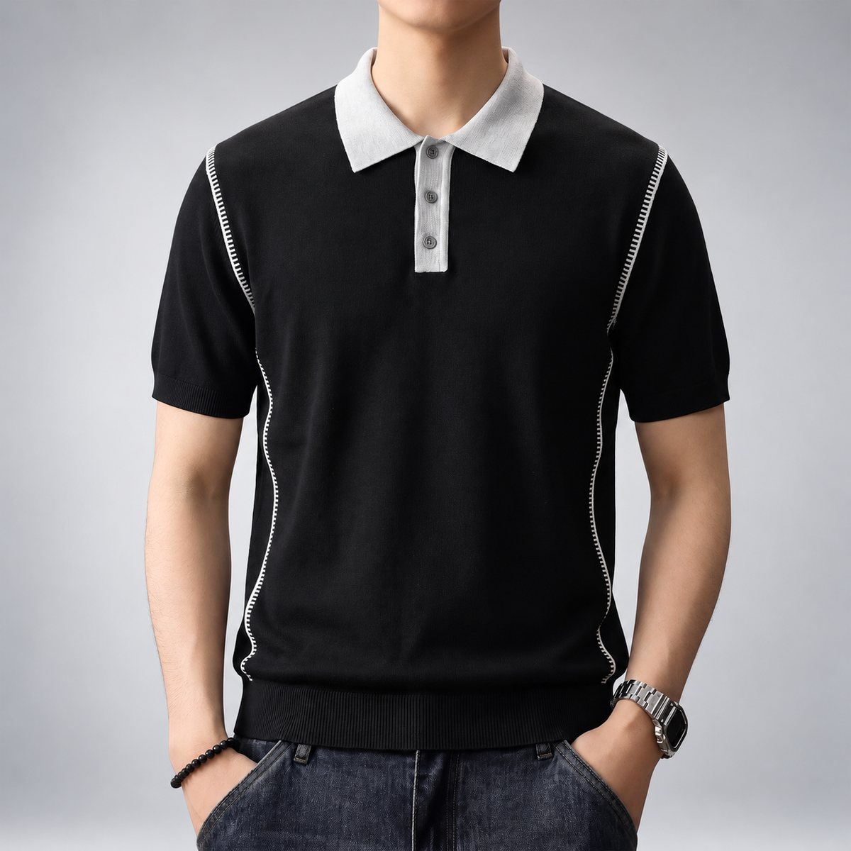 Wilfred Men's Short Sleeve Knit Polo Shirt with Contrast Collar