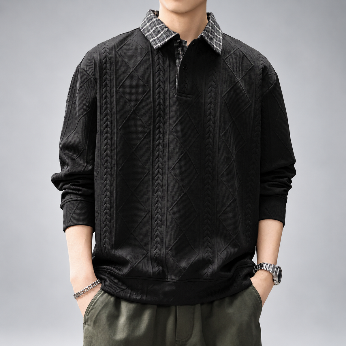 Alaric Men's Textured Polo Sweater with Plaid Collar