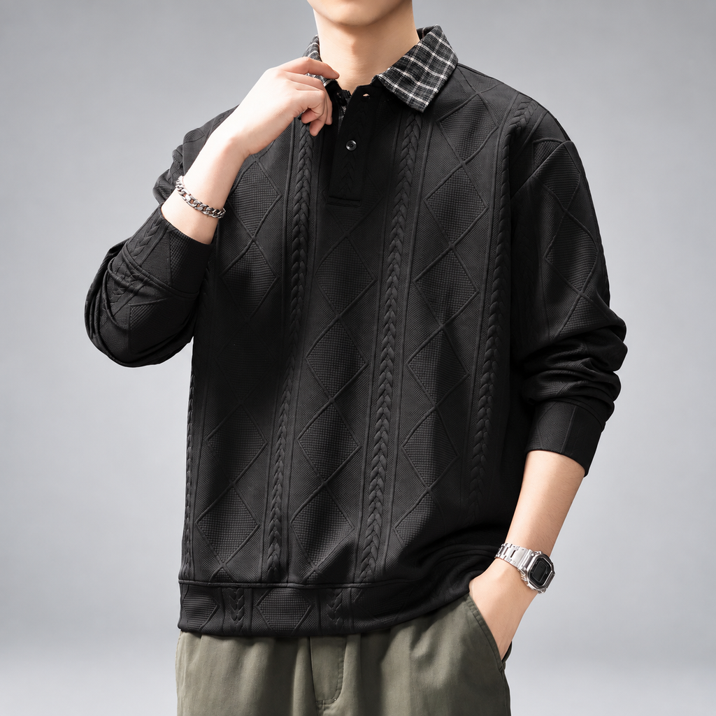 Alaric Men's Textured Polo Sweater with Plaid Collar