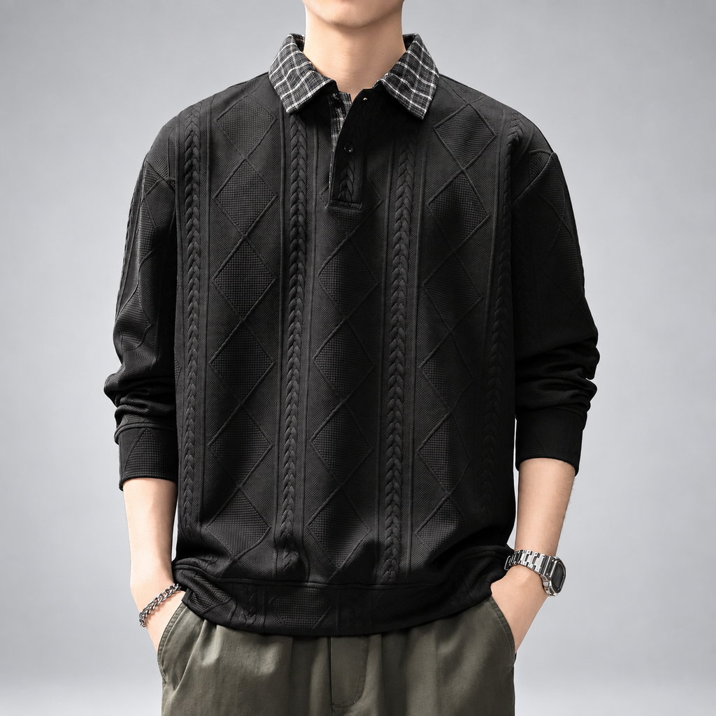Alaric Men's Textured Polo Sweater with Plaid Collar