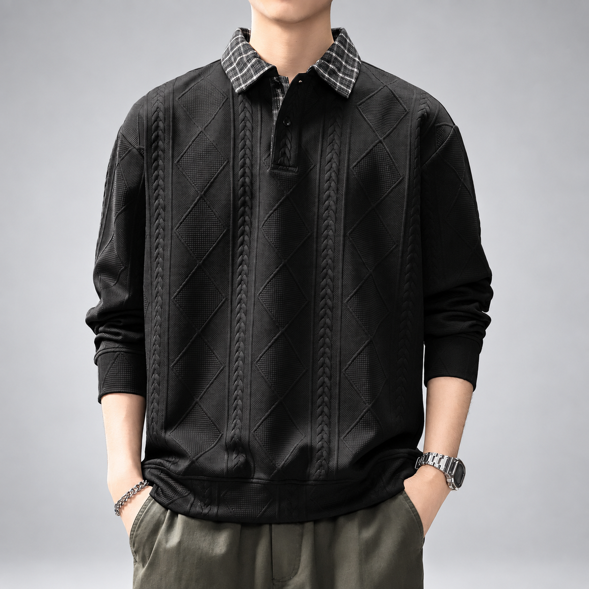 Alaric Men's Textured Polo Sweater with Plaid Collar