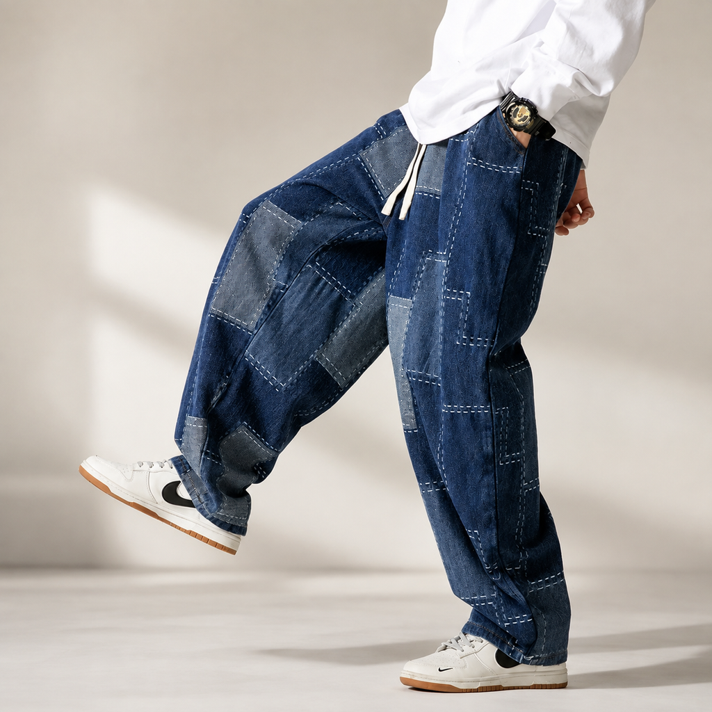 Brooks Men's Patchwork Denim Jeans – Relaxed Fit Retro Stitched Pants