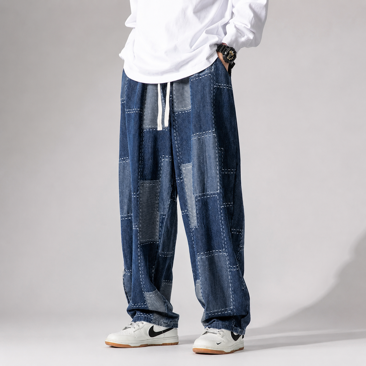 Brooks Men's Patchwork Denim Jeans – Relaxed Fit Retro Stitched Pants