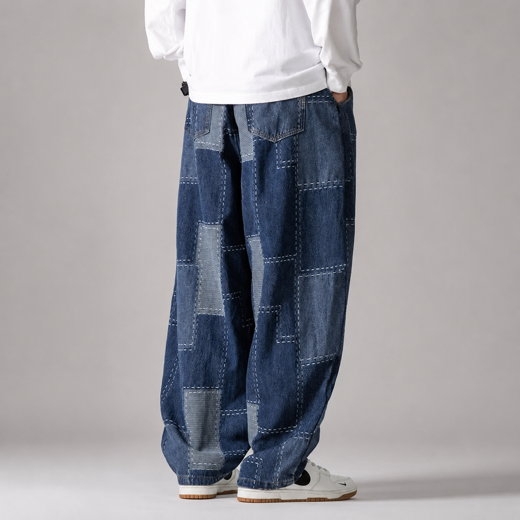 Brooks Men's Patchwork Denim Jeans – Relaxed Fit Retro Stitched Pants