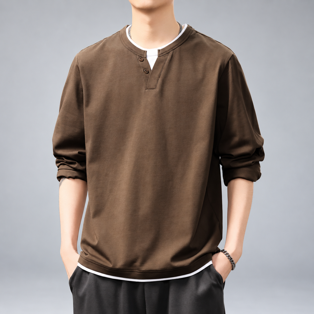 Oswin Men's Long Sleeve Henley Shirt with Two-Button Neckline