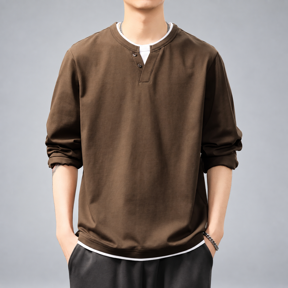 Oswin Men's Long Sleeve Henley Shirt with Two-Button Neckline