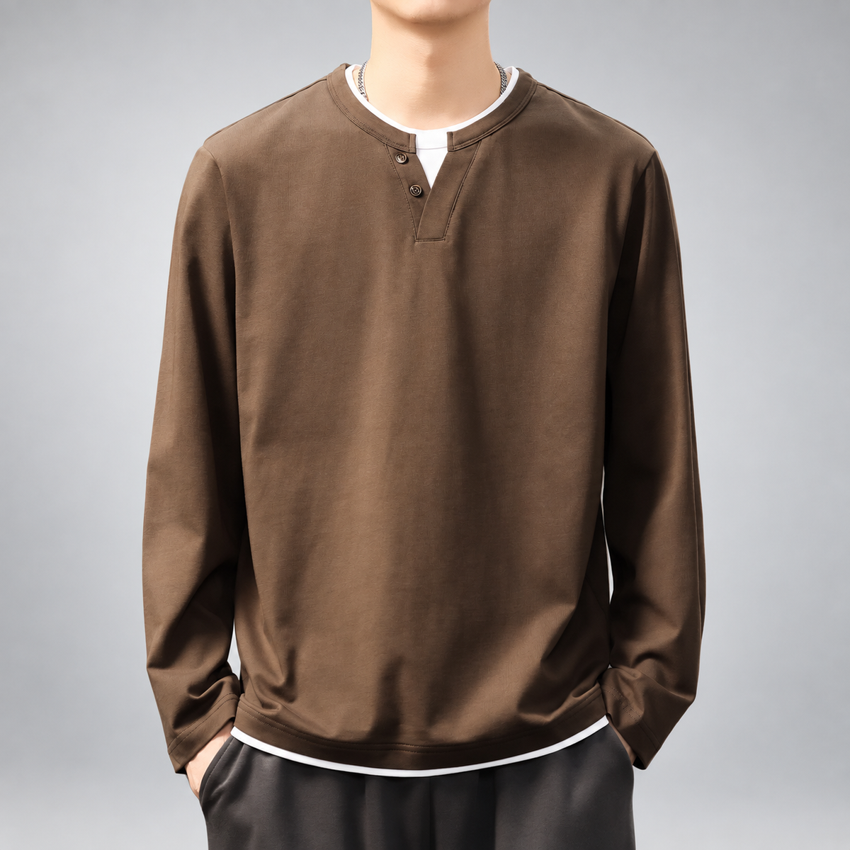 Oswin Men's Long Sleeve Henley Shirt with Two-Button Neckline