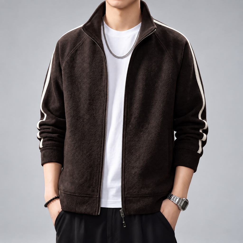 Cuthbert Men's Textured Full-Zip Track Jacket with Cream Sleeve Stripes