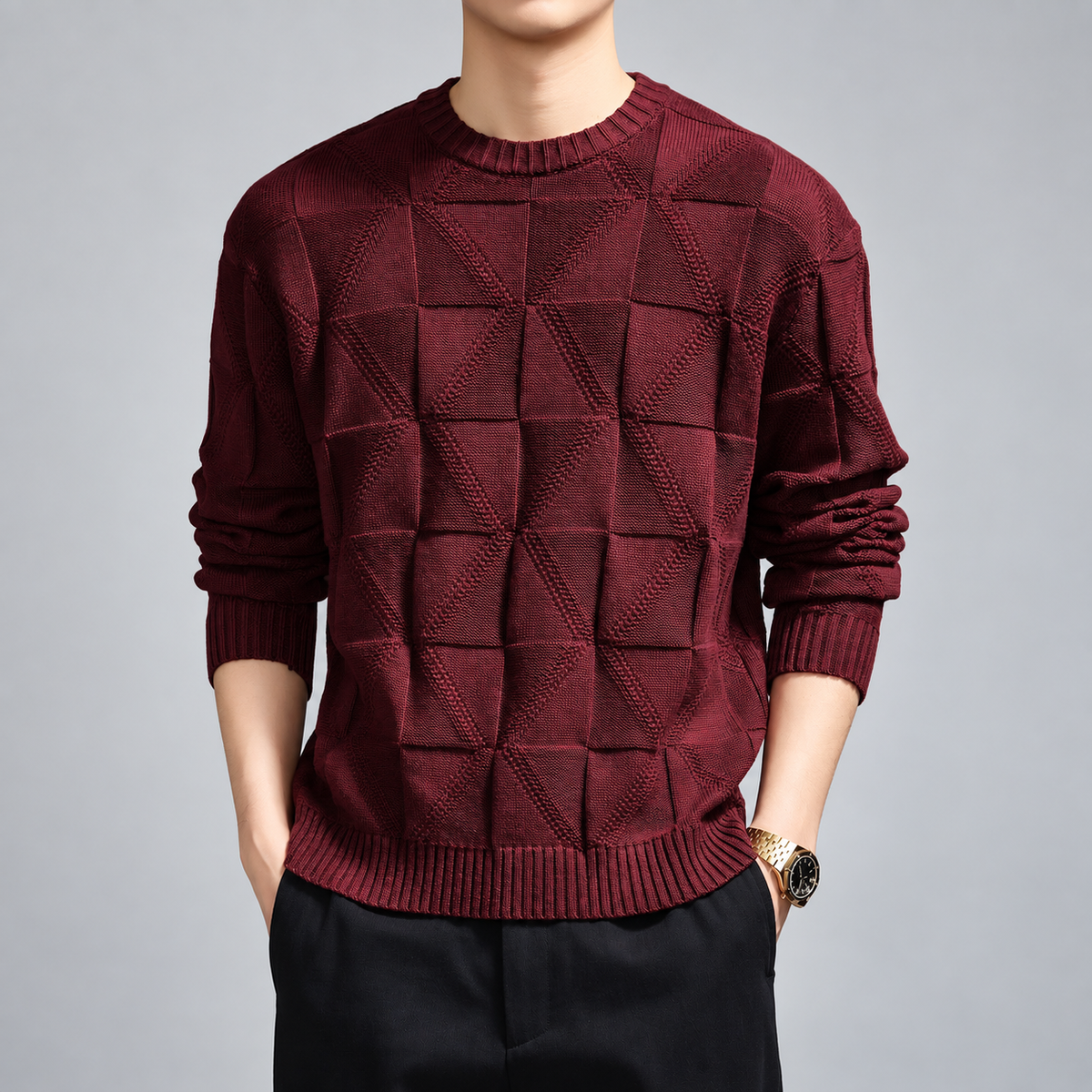 Albert Men's Geometric Textured Knit Crewneck Sweater