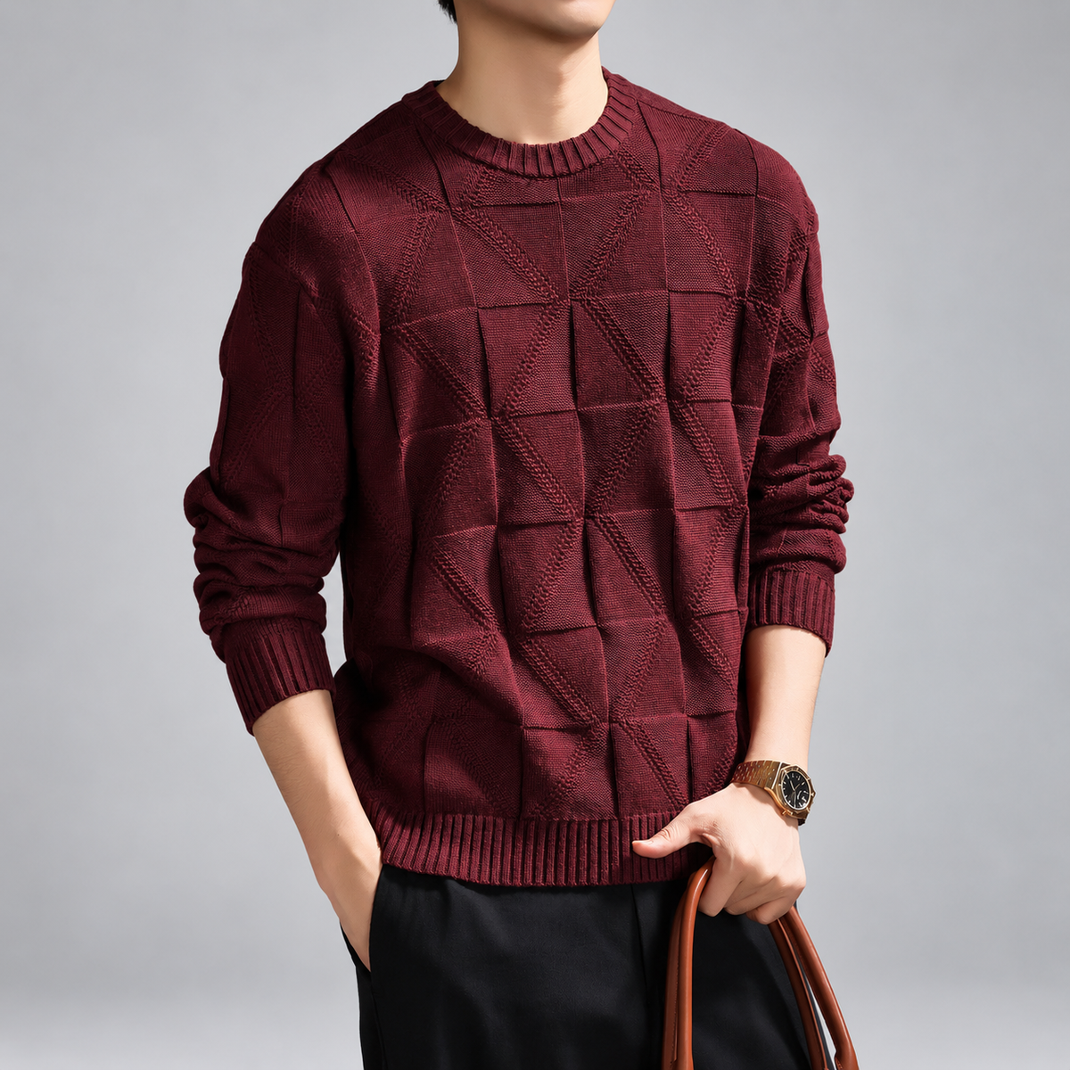 Albert Men's Geometric Textured Knit Crewneck Sweater