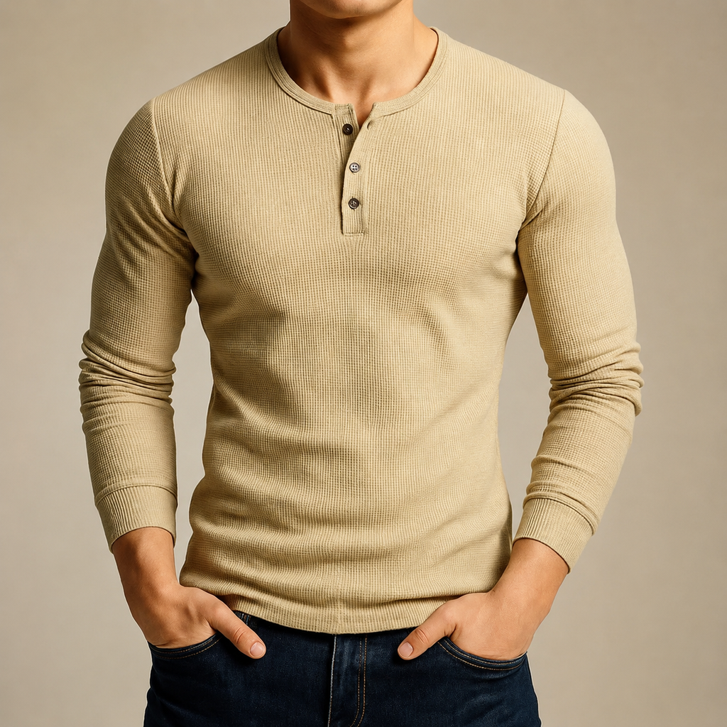Caleb Men’s Waffle-Knit Henley Long-Sleeve Shirt