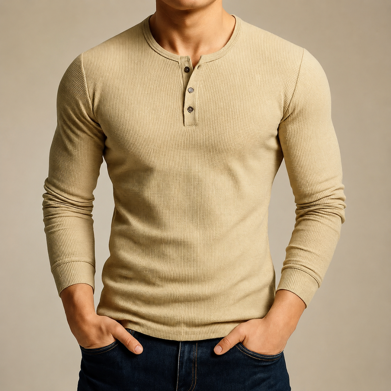 Caleb Men’s Waffle-Knit Henley Long-Sleeve Shirt