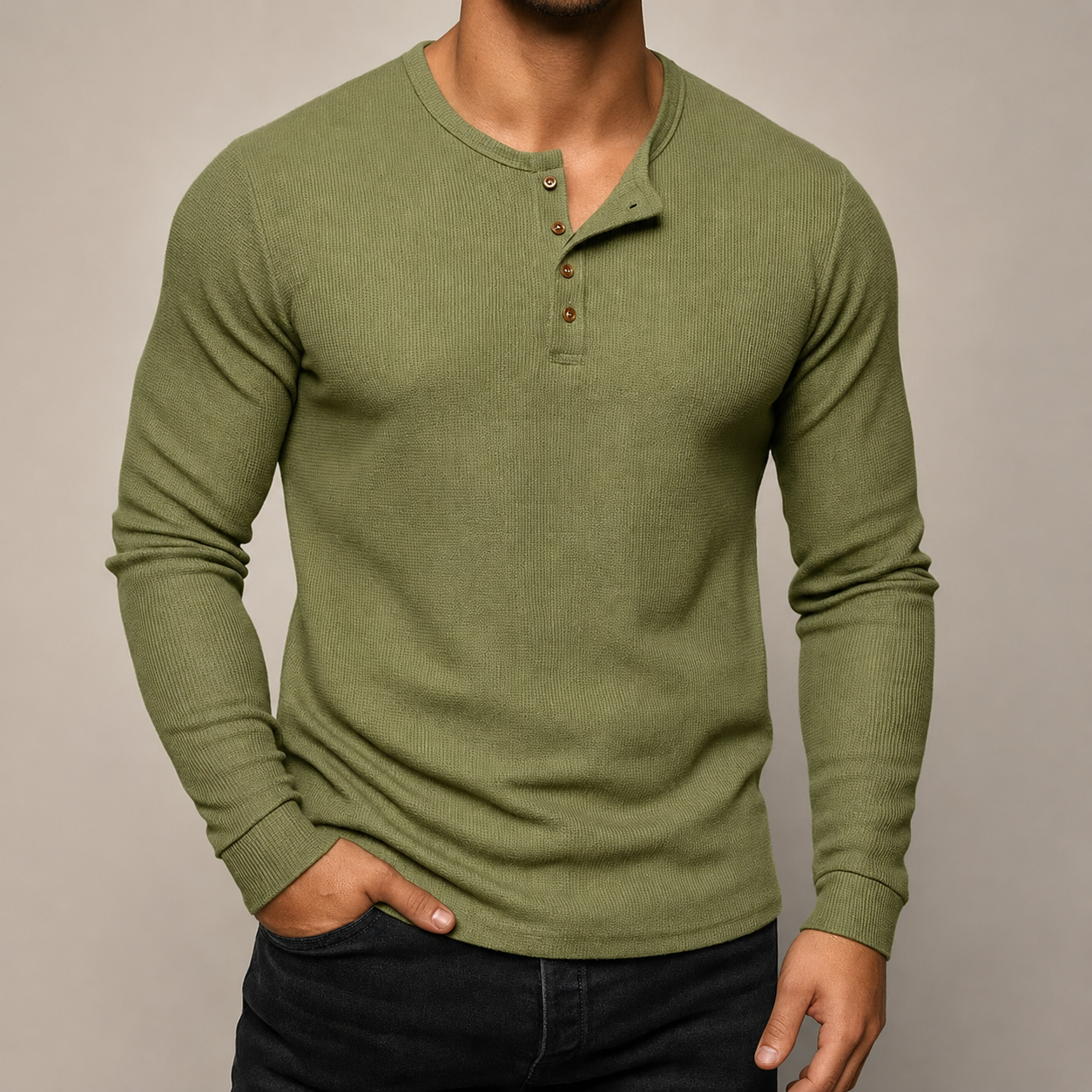 Caleb Men’s Waffle-Knit Henley Long-Sleeve Shirt