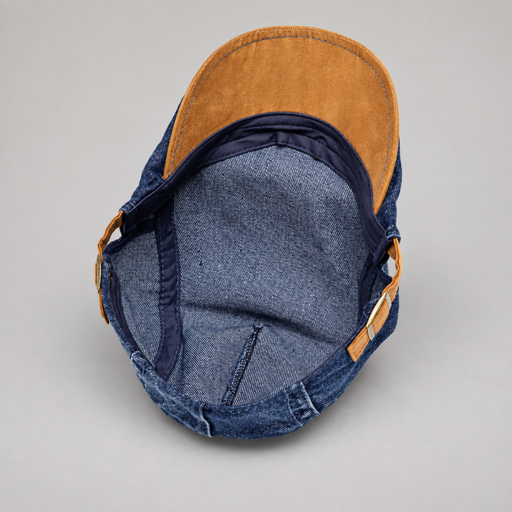 Caleb Washed Denim-Style Flat Cap with Contrast Trim