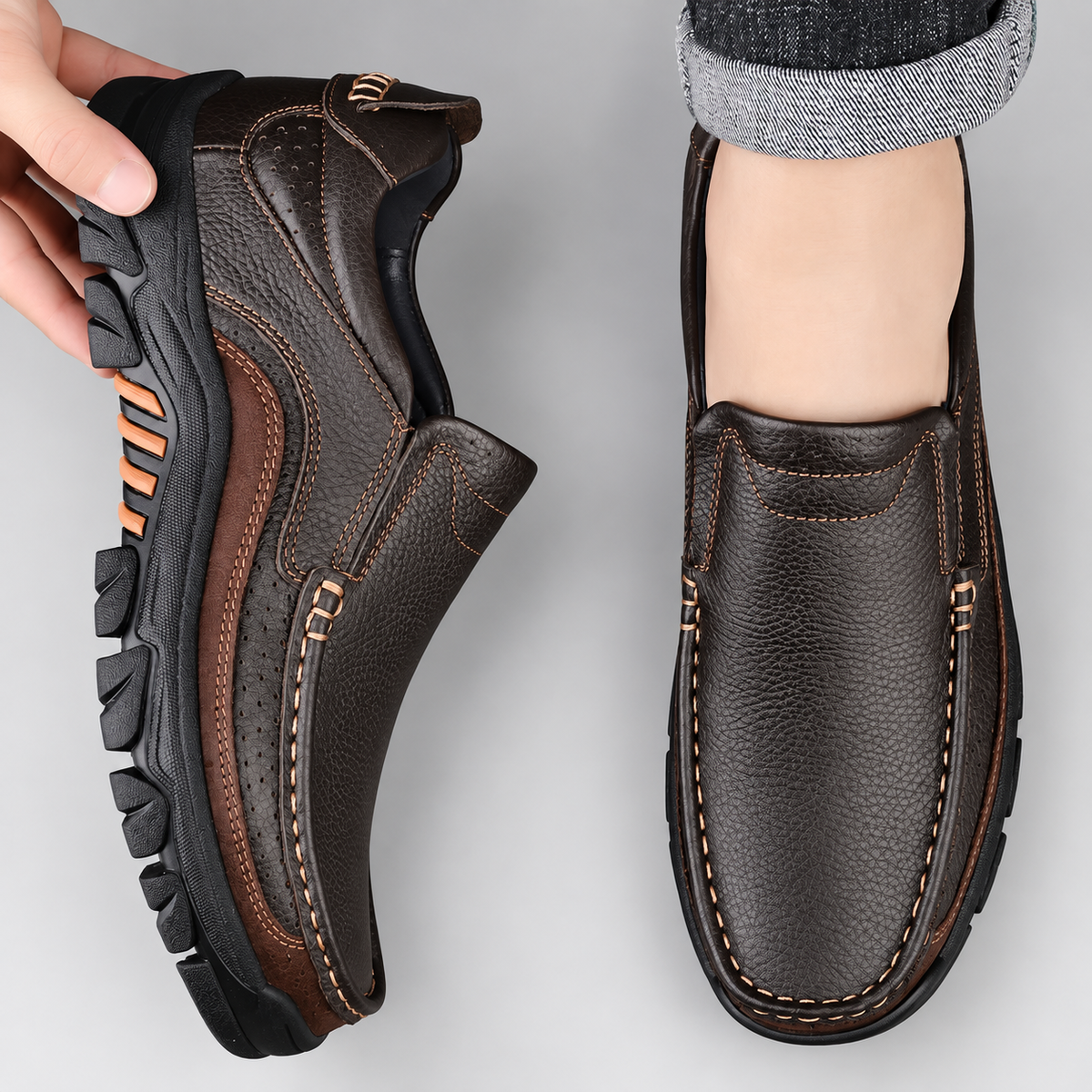 Caleb Men’s Leather-Look Slip-On Moc-Toe Casual Loafers