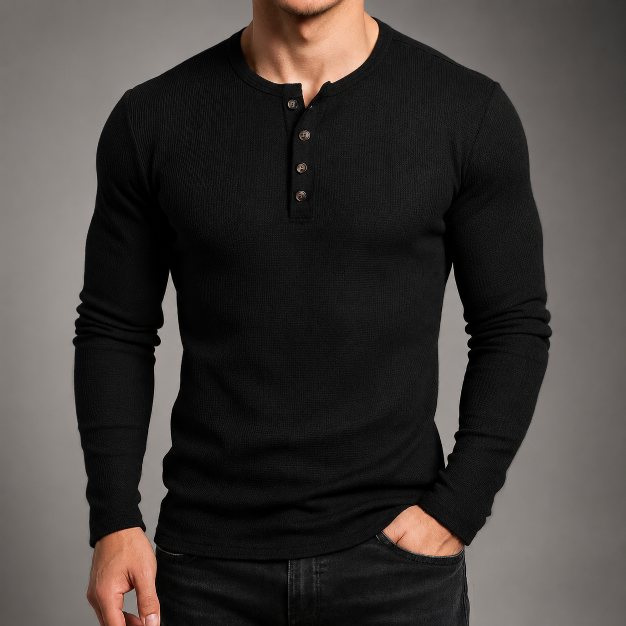 Caleb Men’s Waffle-Knit Henley Long-Sleeve Shirt