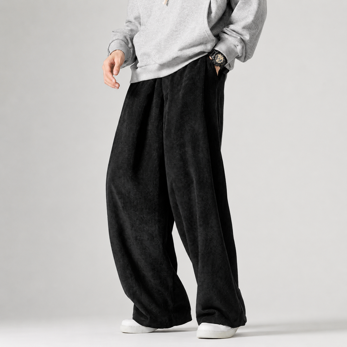 Caleb Men's Corduroy Pants – Relaxed Wide Leg Drawstring Casual Trousers