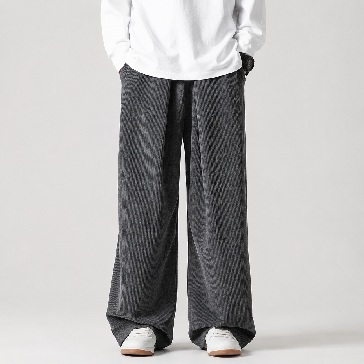 Caleb Men's Corduroy Pants – Relaxed Wide Leg Drawstring Casual Trousers