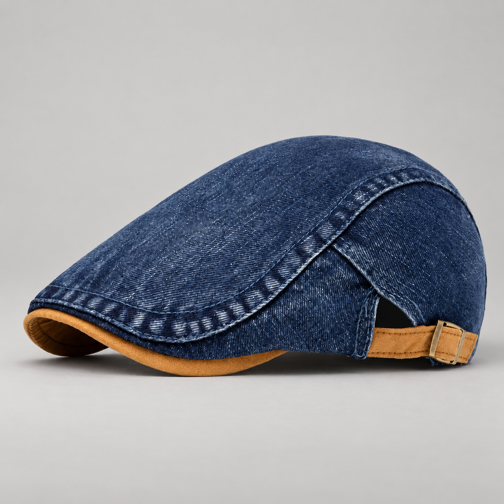 Caleb Washed Denim-Style Flat Cap with Contrast Trim