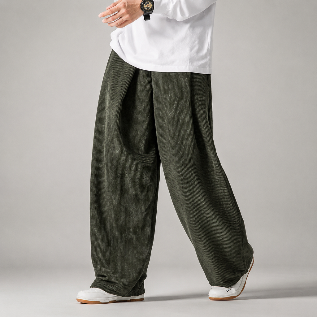 Caleb Men's Corduroy Pants – Relaxed Wide Leg Drawstring Casual Trousers