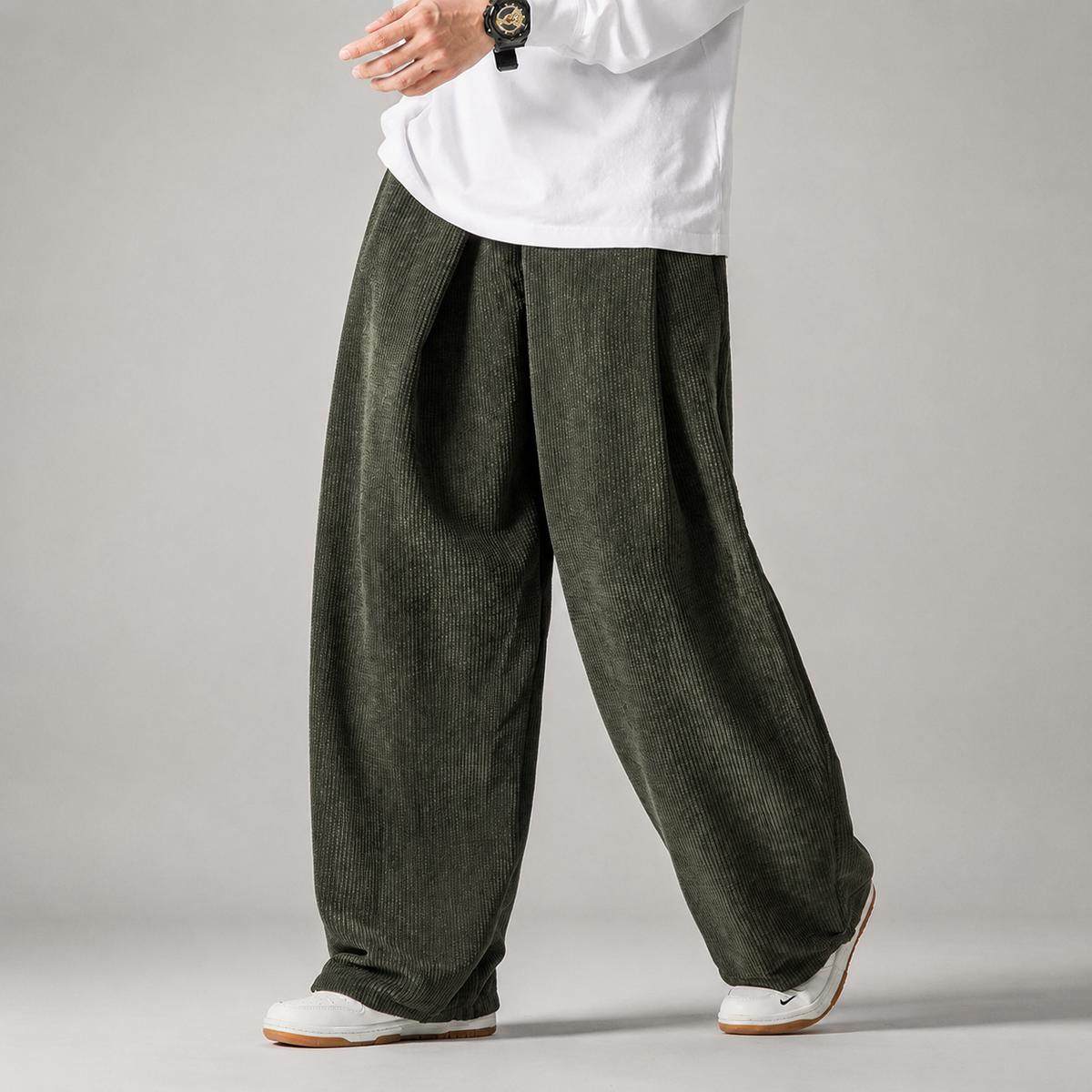 Caleb Men's Corduroy Pants – Relaxed Wide Leg Drawstring Casual Trousers