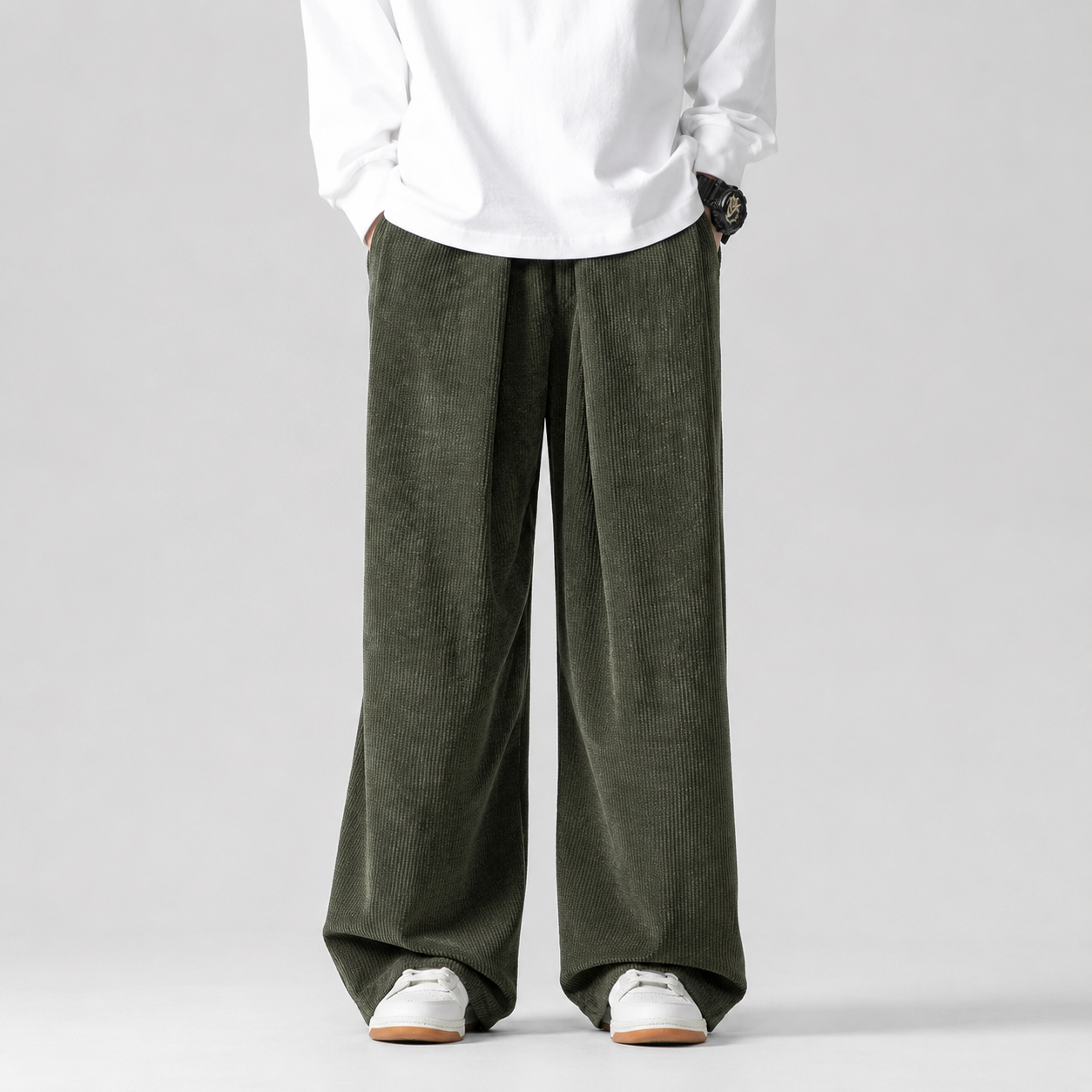 Caleb Men's Corduroy Pants – Relaxed Wide Leg Drawstring Casual Trousers