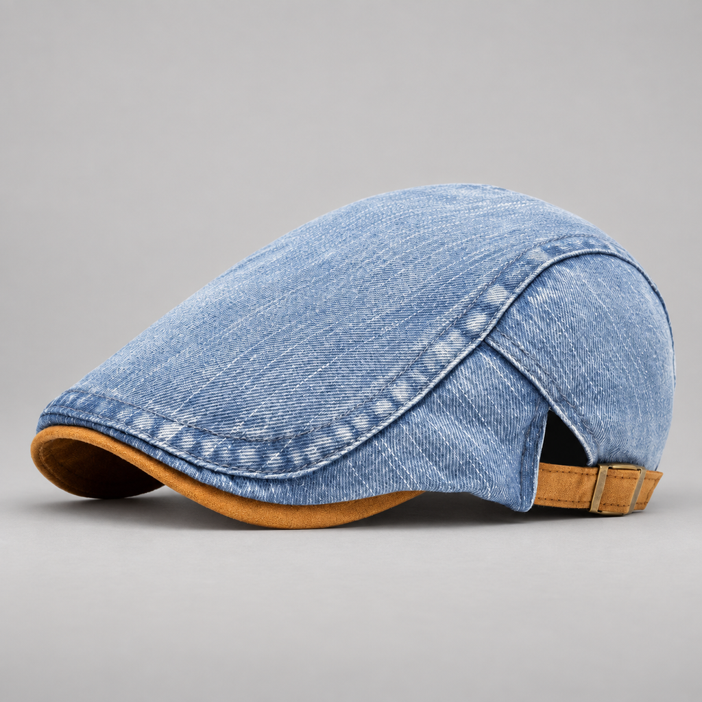 Caleb Washed Denim-Style Flat Cap with Contrast Trim
