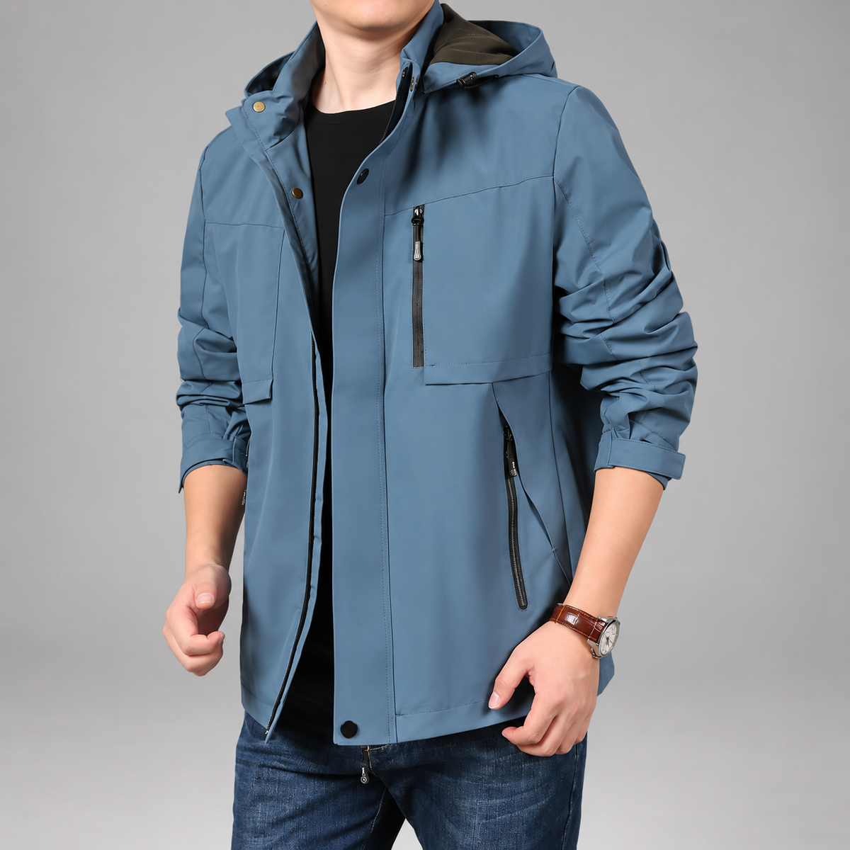 Callum Men’s Hooded Utility Jacket with Multiple Zipper Pockets