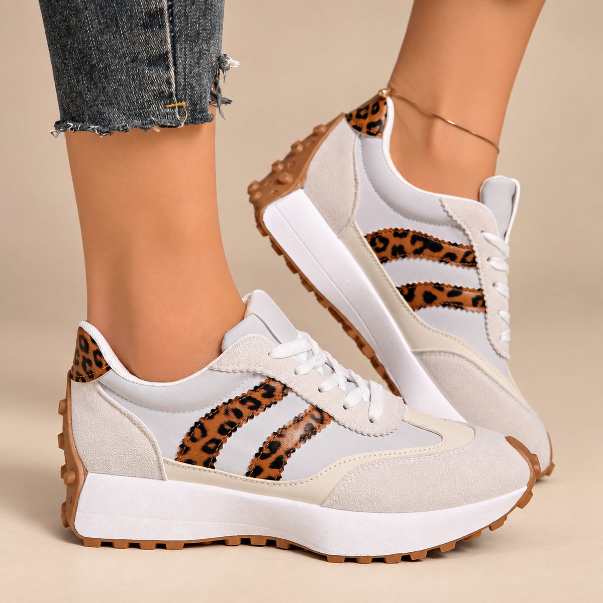 Camilla Women’s Leopard Accent Platform Lace-Up Sneakers