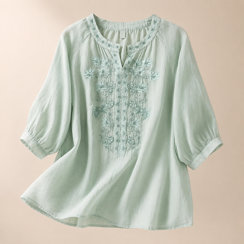 Camille Women’s Cotton Linen Embroidered Blouse – Lightweight Floral Top